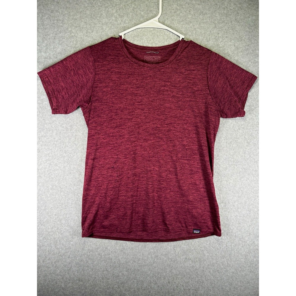 Patagonia Daily Tech T-Shirt Mens S Burgundy Heathered Crew Neck Stretch Logo